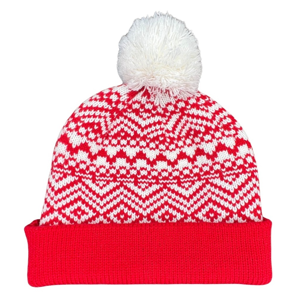 Old Navy Fair Isle Pom Beanie Sweater Knit Scandi Girl Red White One Size OS